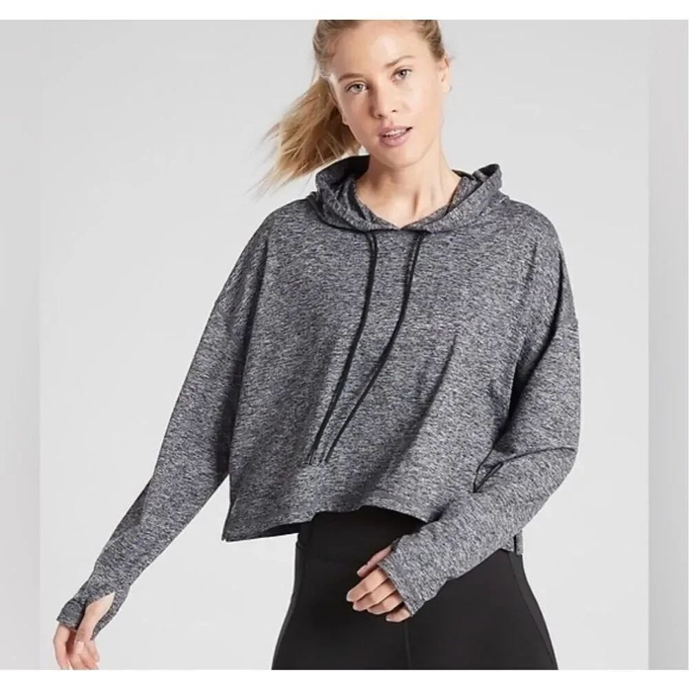 Athleta Gray Space Dye Uptempo Cropped Thump Hole Hoodie sz S NWOT